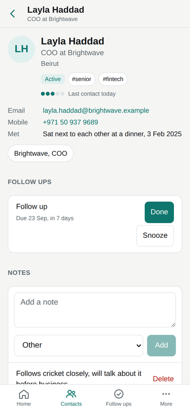 Mini App: a contact's page with phones, profile, context and follow ups
