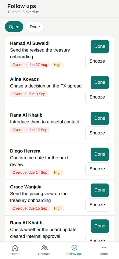 Mini App: follow ups sorted by due date