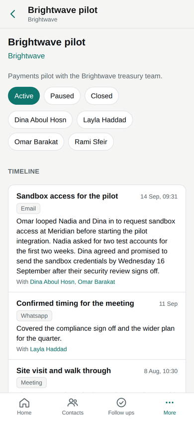 Mini App: a deal thread with its participants and timeline