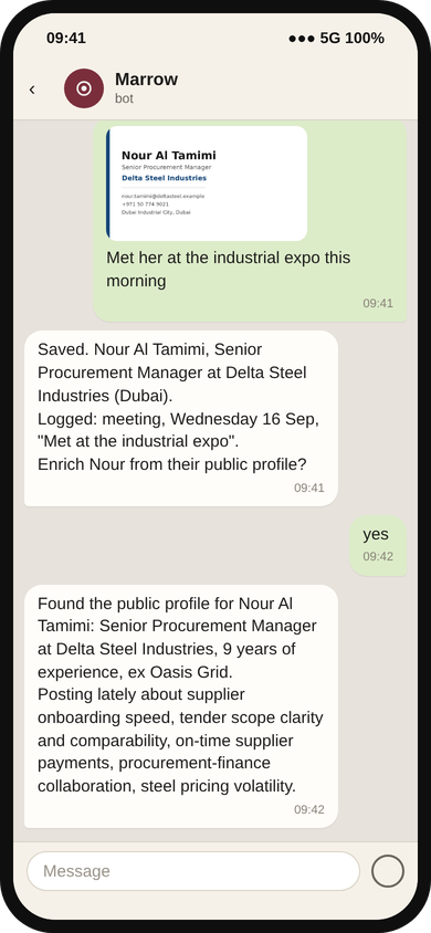 Marrow chat: a photo of a business card is answered with the saved contact, the company and how you met, then one yes brings the public profile summary