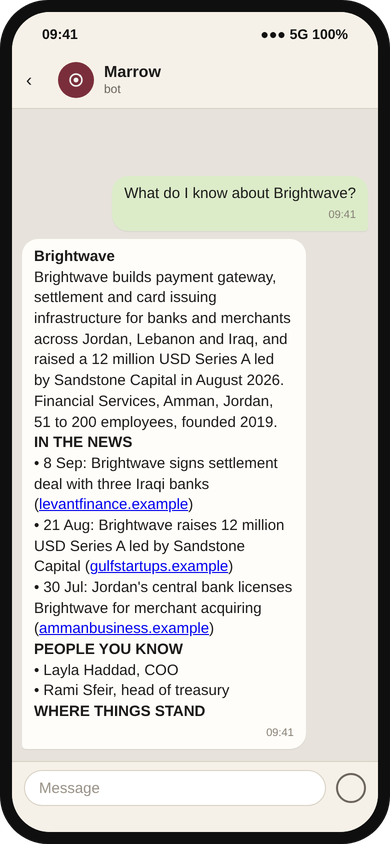 Marrow chat: what do I know about Brightwave is answered with the people known there and what was said with each