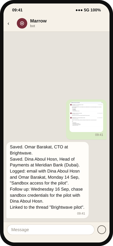 Marrow chat: a screenshot of an email thread is answered with the people saved, the email logged and the follow up date