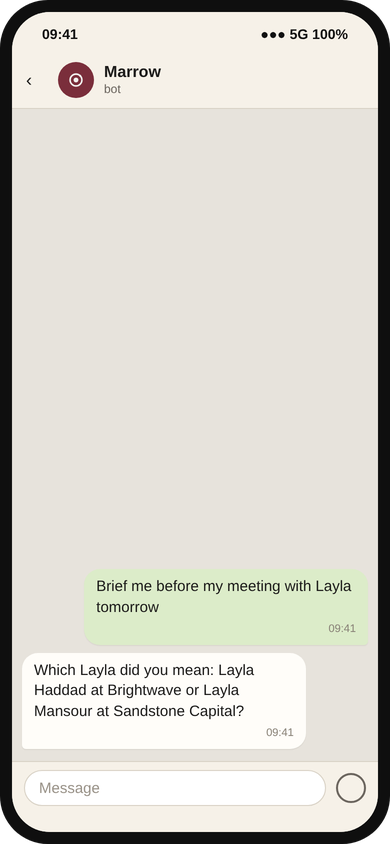 Marrow chat: brief me before my meeting with Layla tomorrow is answered with her history, open promises and what she cares about