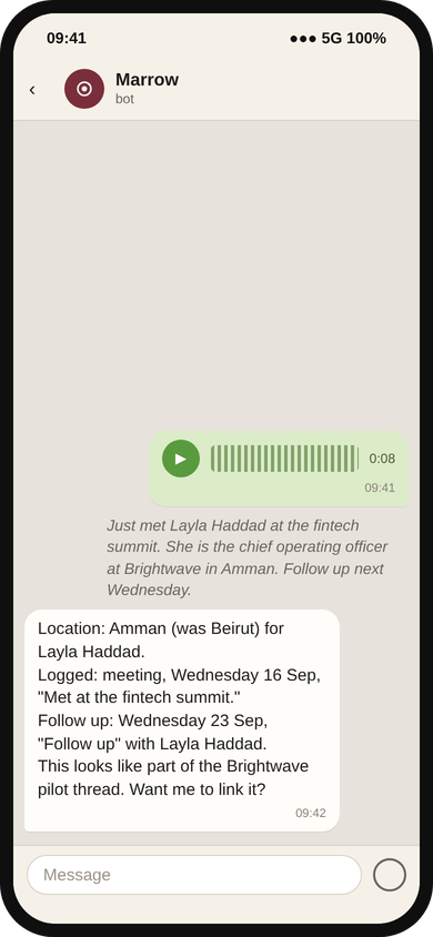 Marrow chat: a voice note, its transcript in italics, then the meeting logged and a follow up set for next Wednesday